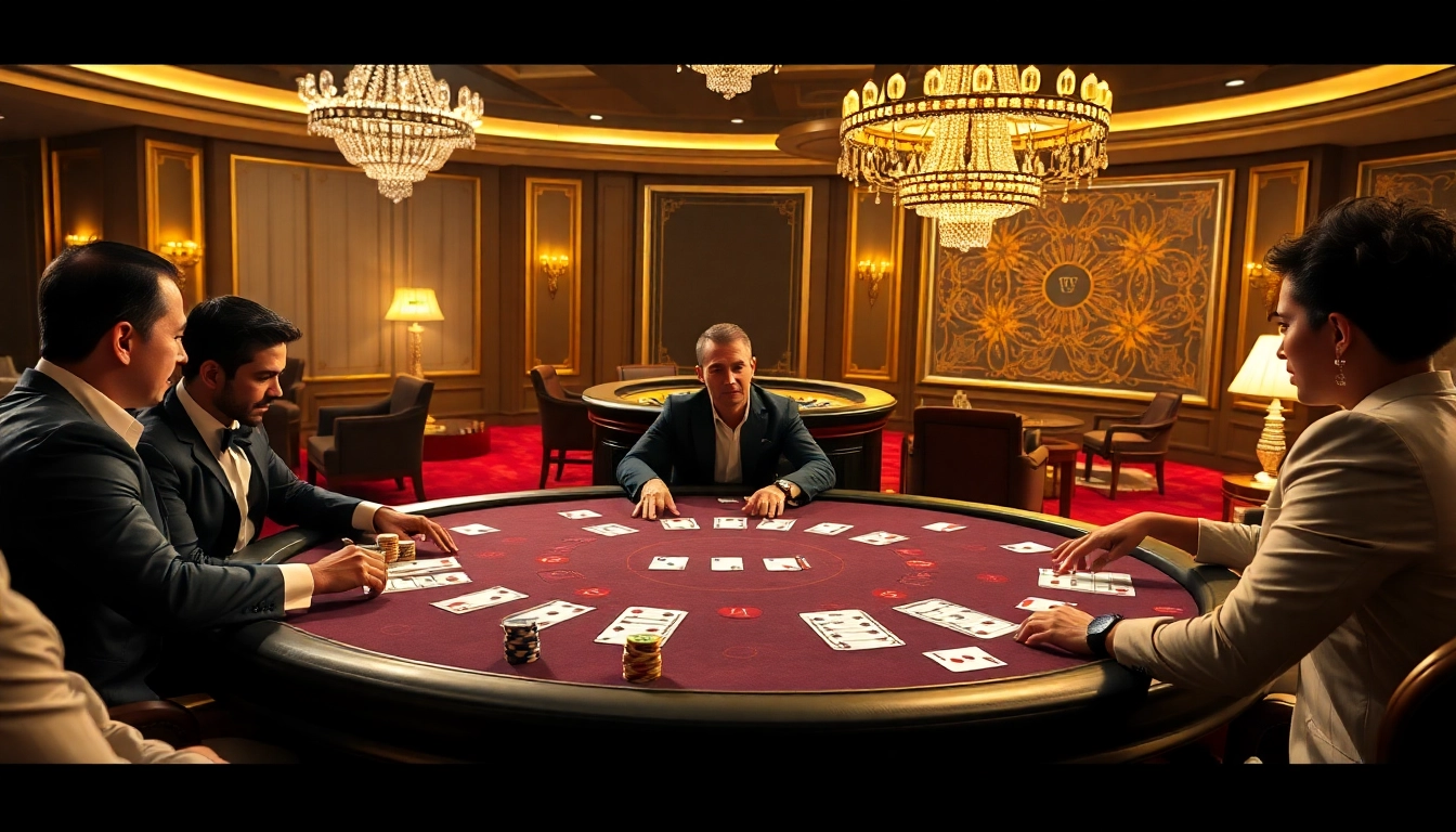 Players engaging in a thrilling poker game at VA88's luxurious online casino, highlighting excitement and strategy.