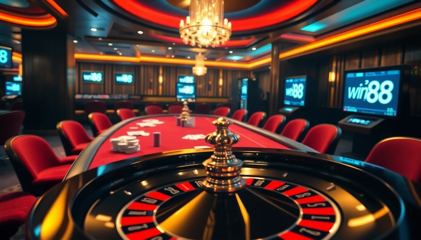 Experience the excitement of win 88 at a luxurious casino poker table featuring vibrant betting chips.