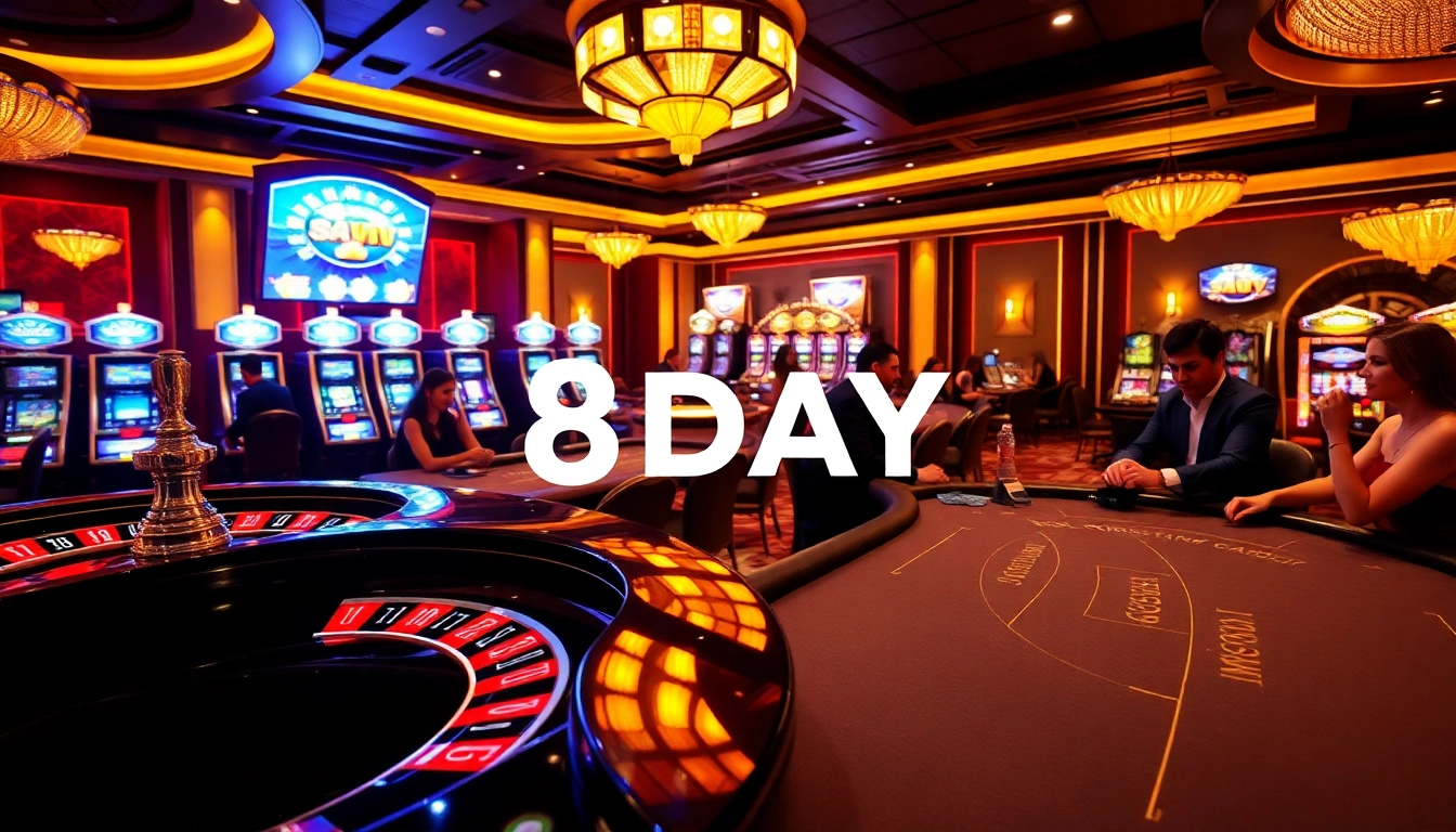 8DAY casino excitement with players engaging at roulette and blackjack tables, showcasing thrilling gambling action.
