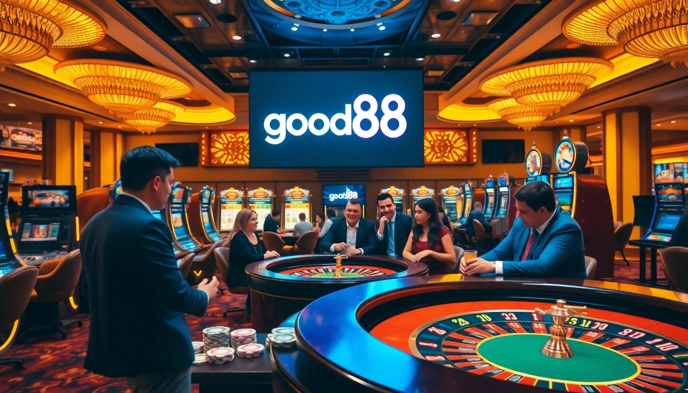 Engaging players at good88 casino enjoying lively poker action surrounded by glamorous gaming tables.