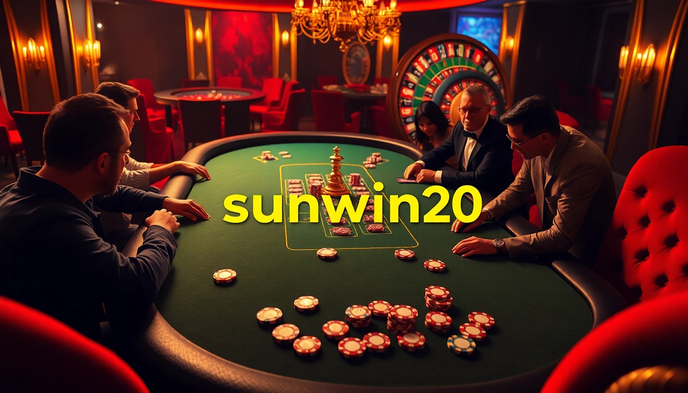 Players enjoying high-stakes poker while strategizing bets with sunwin20 poker chips.