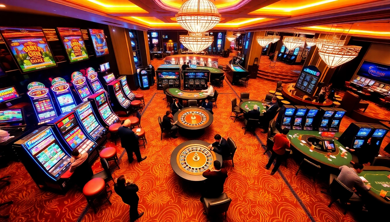 Exciting gambling scene at Trang Chủ XIN88 with players at casino tables, slot machines, and warm lighting.
