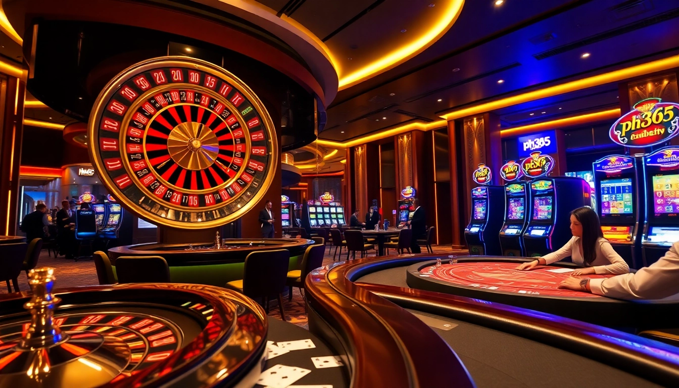 Experience the excitement at ph365 casino with vibrant gaming tables and colorful slot machines.