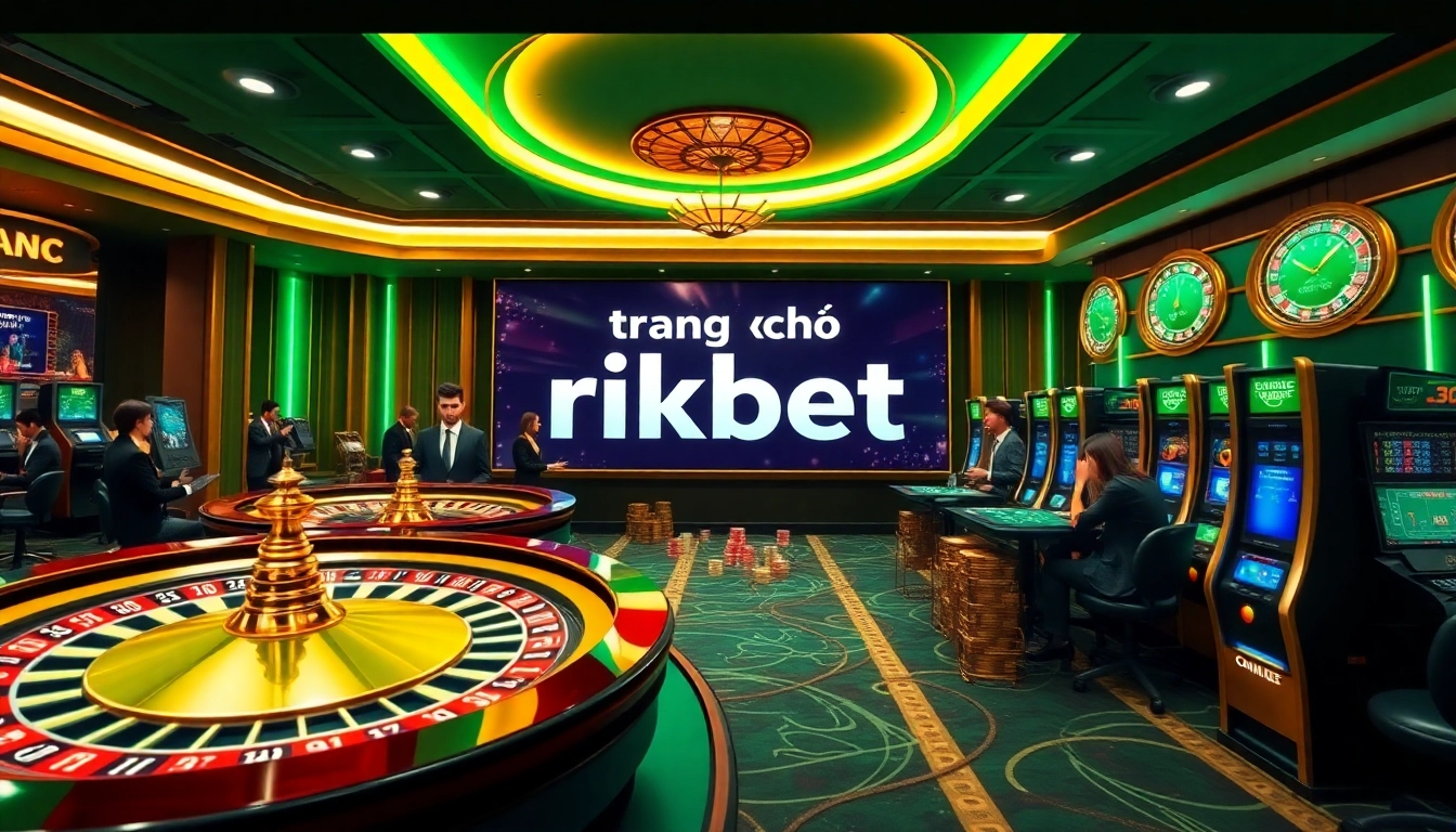 Experience the excitement of trang chủ rikbet in a luxurious casino scene featuring roulette wheels and poker chips.