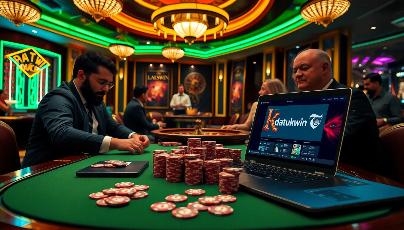 Permainan poker taruhan tinggi menampilkan chip datukwin bersama elemen kasino yang penuh warna.