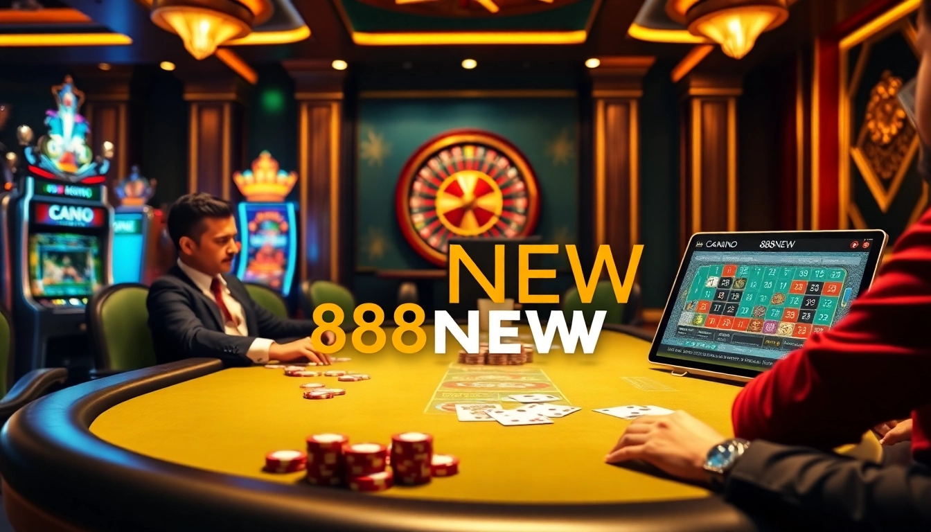 Engaging scene of professional players at nhà cái 888NEW poker table, showcasing the excitement of high-stakes gambling.