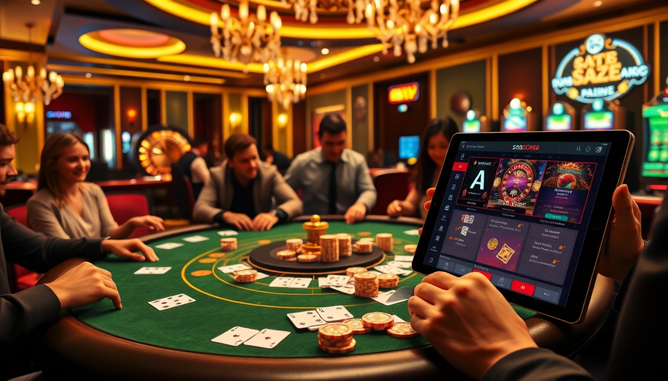 SODO66 players engaging with a roulette wheel and poker table in a luxurious casino environment.