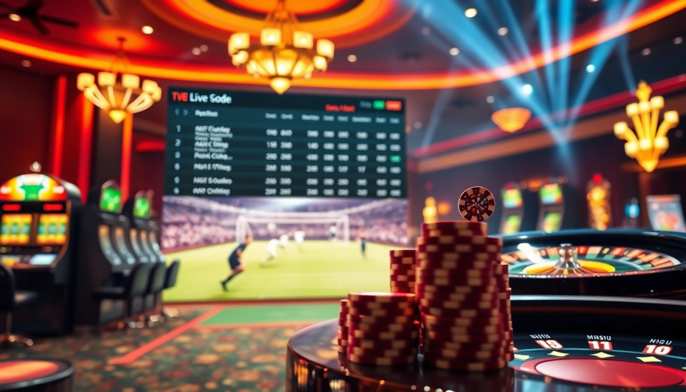 Tỷ lệ bóng đá hôm nay showcased in a vibrant sports betting casino scene with poker chips and live odds.