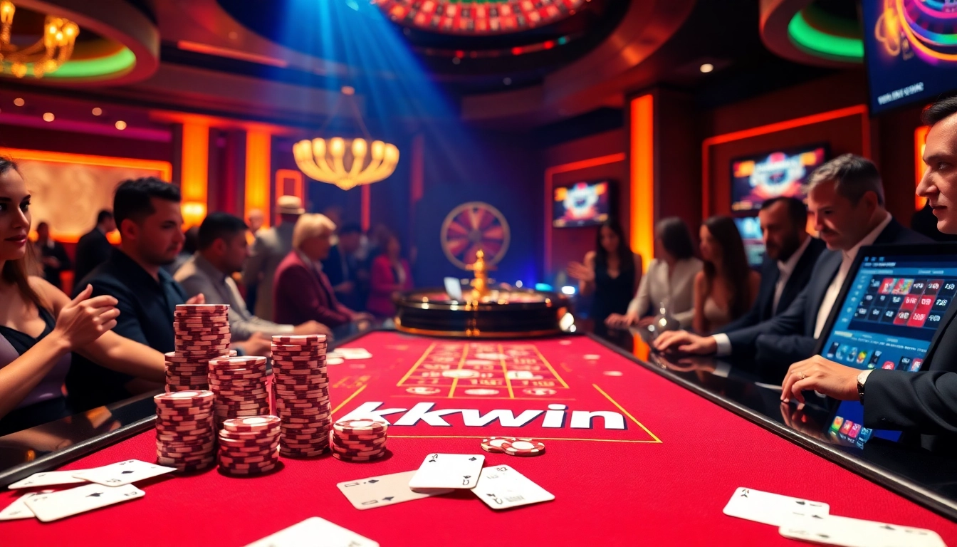 Kkwin gaming table bustling with players, showcasing excitement in a luxury casino setting.