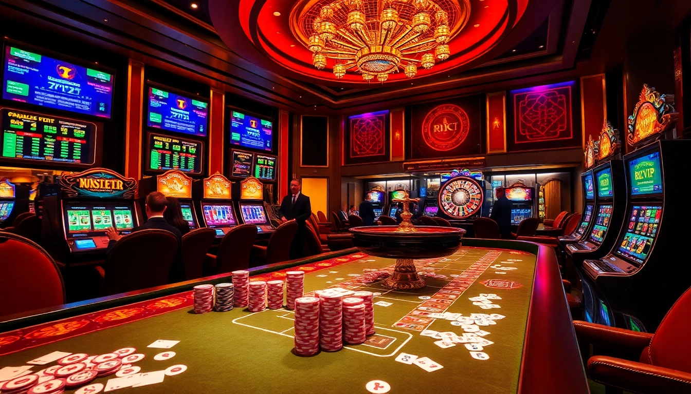 Experience the thrilling atmosphere of RIKVIP with engaging poker and slot game visuals.