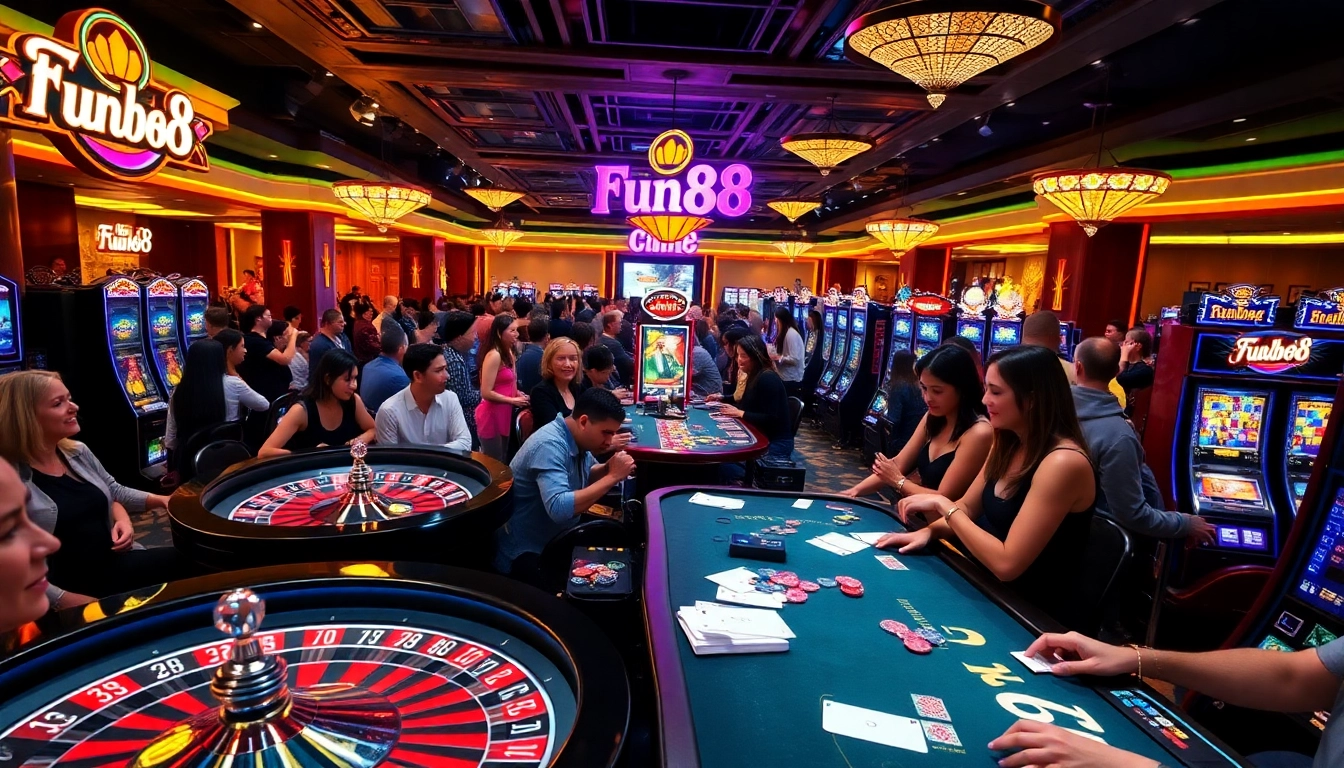 Excited gamers enjoy a vibrant Fun88 casino atmosphere with roulette wheels and slot machines.