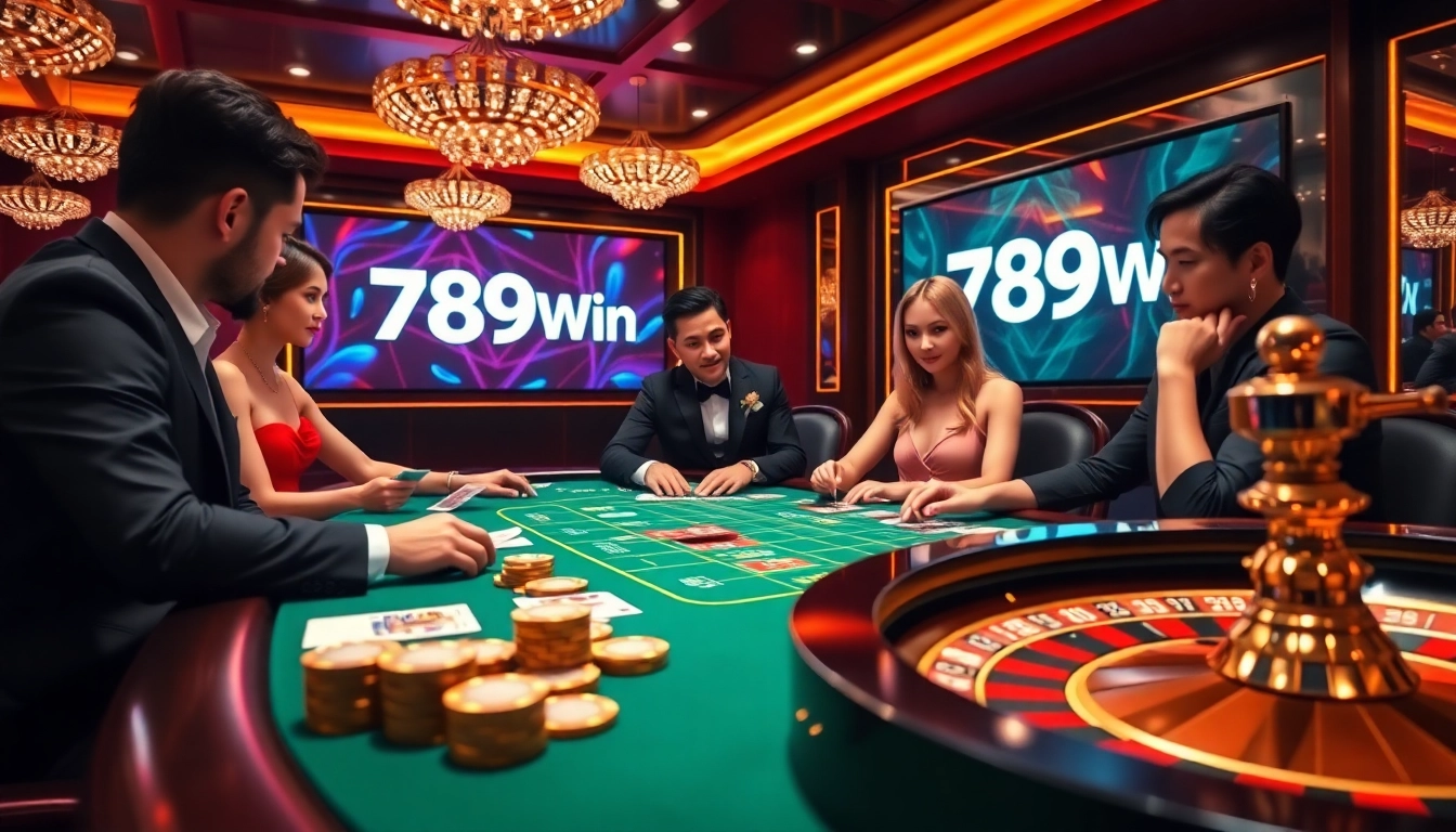 Players strategizing at a poker table in a 789Win upscale casino setting.