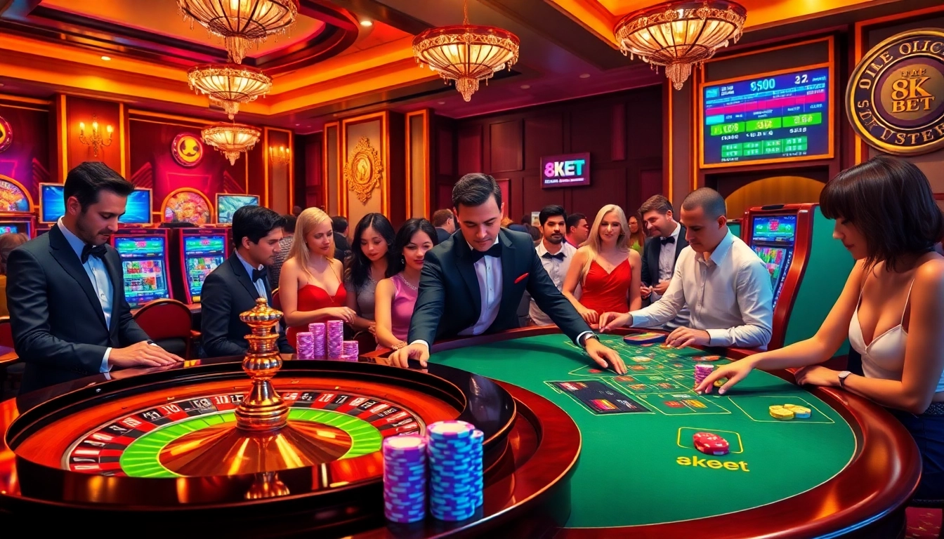Exciting casino atmosphere at 8kbet with players betting at roulette and vibrant slot machines.