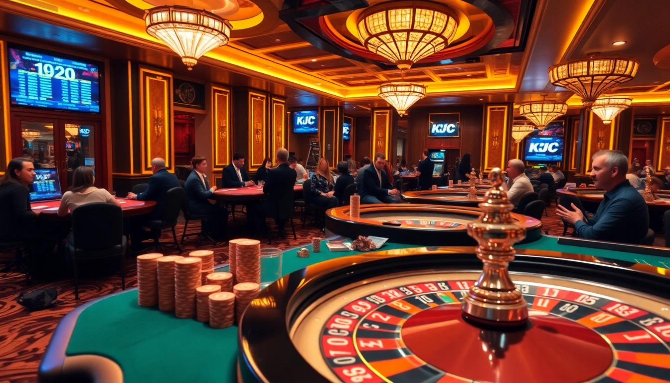 KJC casino scene showcasing excitement with gaming tables, poker chips, and roulette wheel.