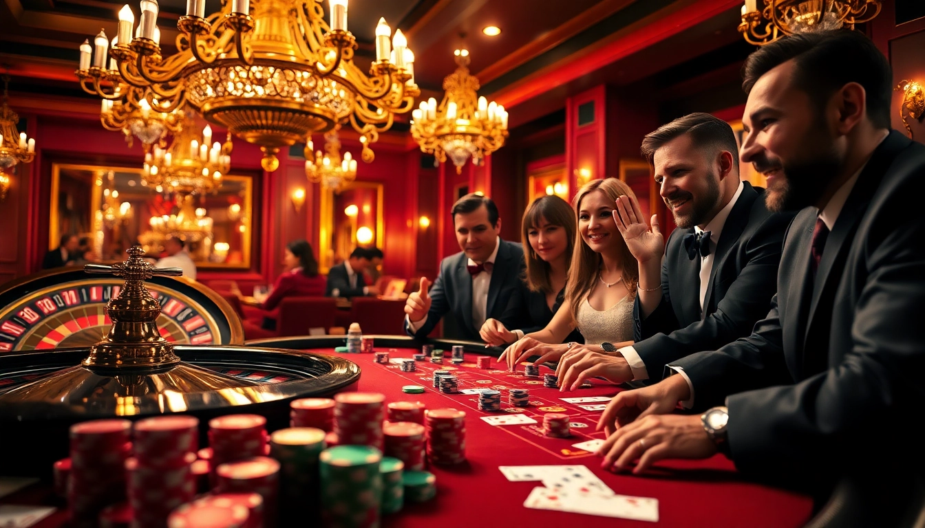 Excited players immersed in a luxurious Rikvip casino scene, featuring vibrant poker chips and a spinning roulette wheel.