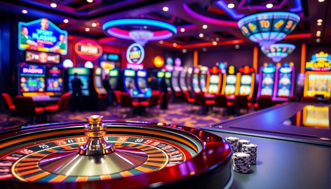 Experience thrilling gaming at RR88 with a vibrant casino atmosphere, showcasing roulette and poker.