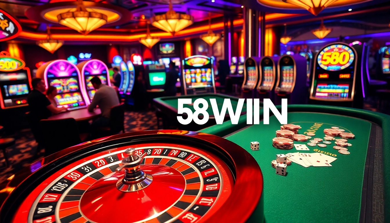 Experience thrilling gameplay with 58WIN at a luxurious casino featuring roulette and slot machines.