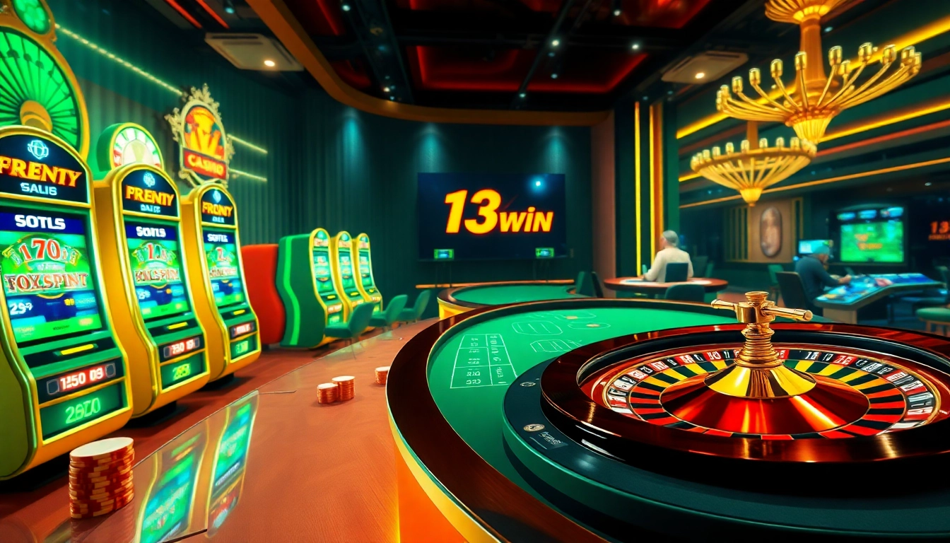 Players enjoy the thrill of online gambling at 13win with vibrant slot machines and poker tables.