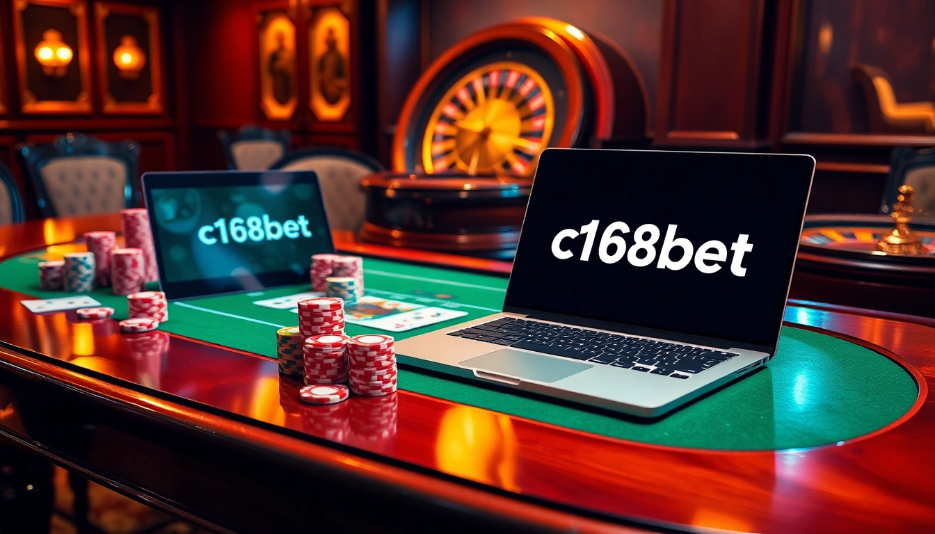 Experience the thrill of c168bet with engaging casino action, featuring vibrant poker chips and a spinning roulette wheel.