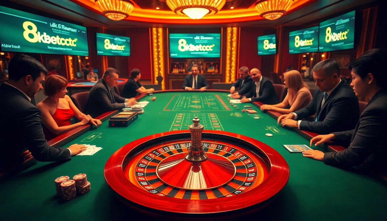 Players enjoy high-stakes gaming at 8kbet cc, featuring poker chips and a glamorous roulette wheel.