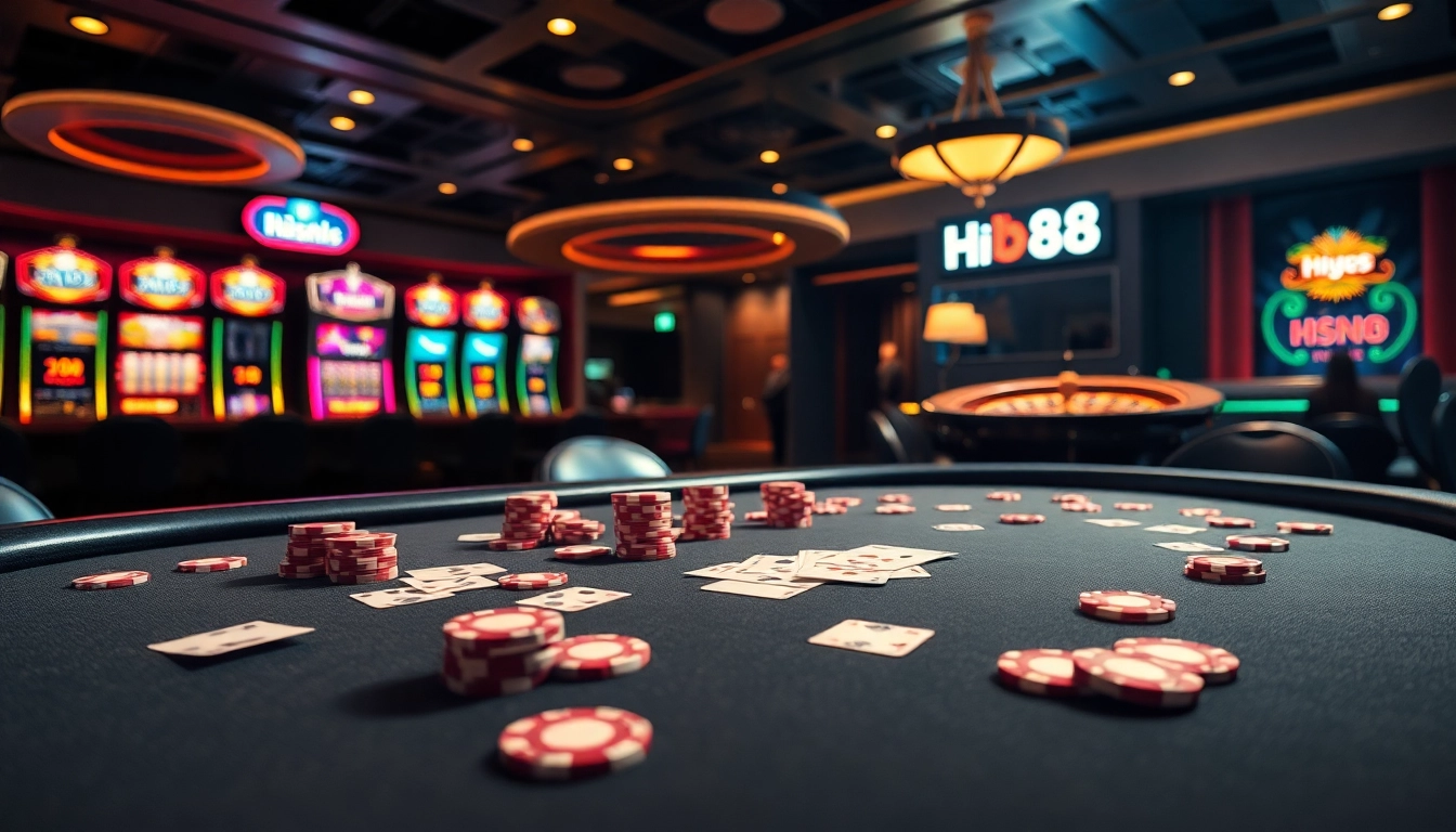 Experience the excitement of Hi88 with vibrant poker chips and dynamic casino visuals.
