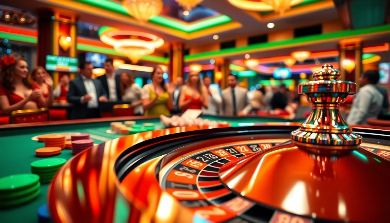 優塔娛樂城中的輪盤桌與興奮的玩家互動。