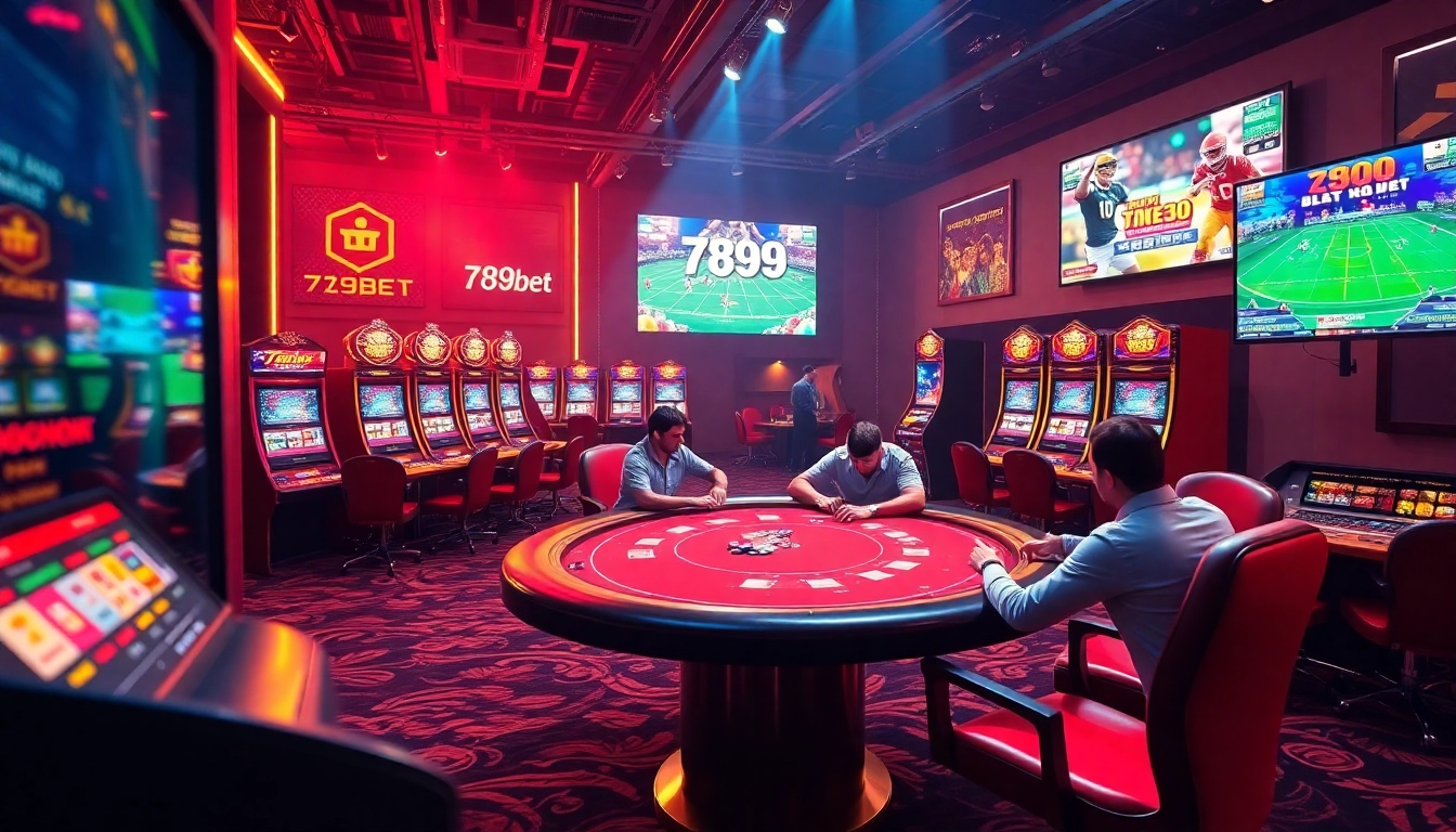 Experience the excitement of 789bet with vibrant casino visuals showing poker and slot games.