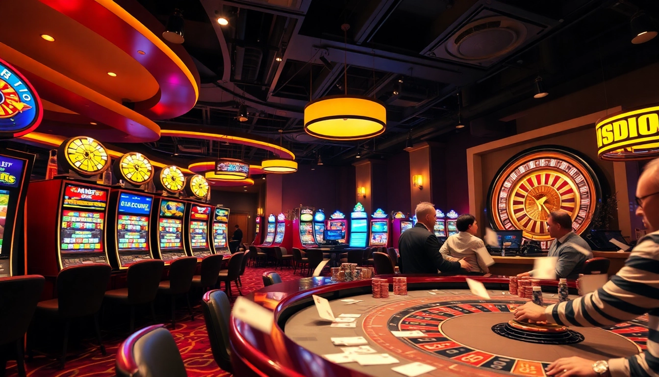SODO casino scene showcasing vibrant slot machines and engaged poker players excitedly placing bets.