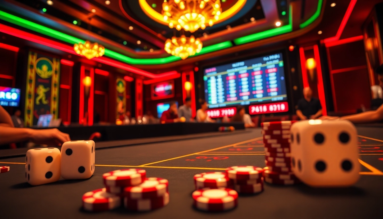 Tài xỉu MD5 gameplay showcasing vibrant casino atmosphere, players engaged at gaming table with chips and dice.