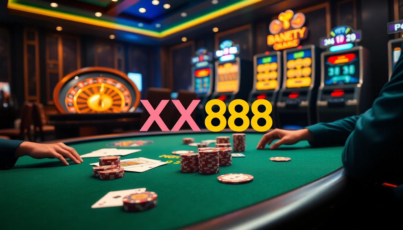 Players enjoying high-stakes poker at XX88's luxurious casino table.