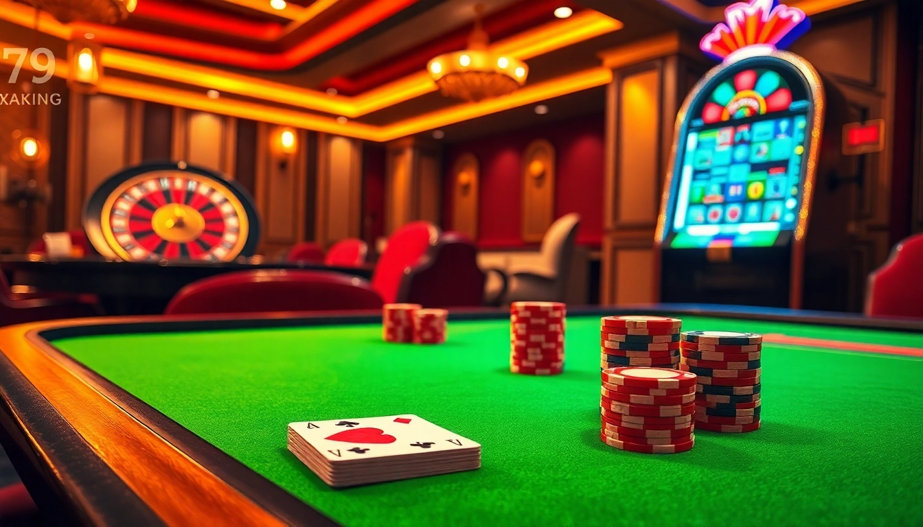 Experience the thrill of 79king with a vibrant poker table and roulette wheel in a luxurious casino setting.