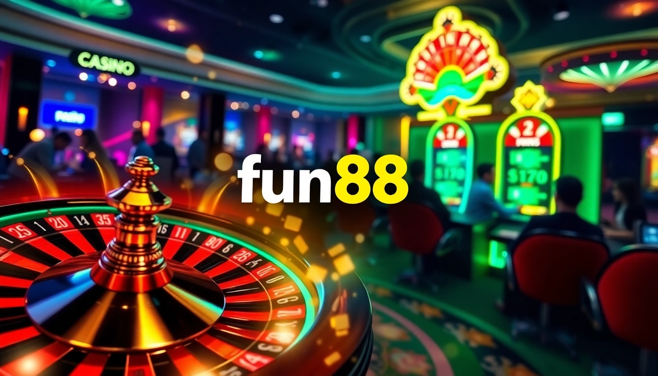 Experience the thrill at fun88 with vibrant gambling visuals featuring roulette, poker, and exciting game dynamics.