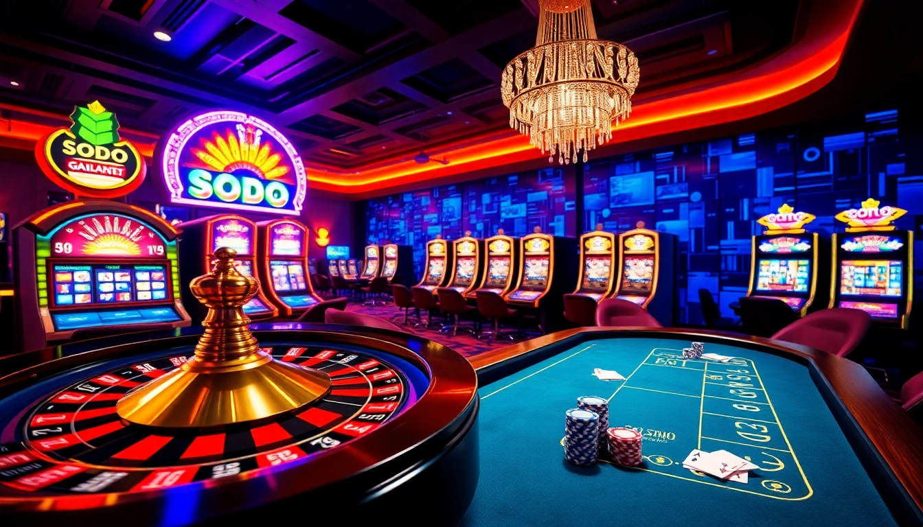SODO online platform featuring a vibrant casino environment with roulette and poker games.