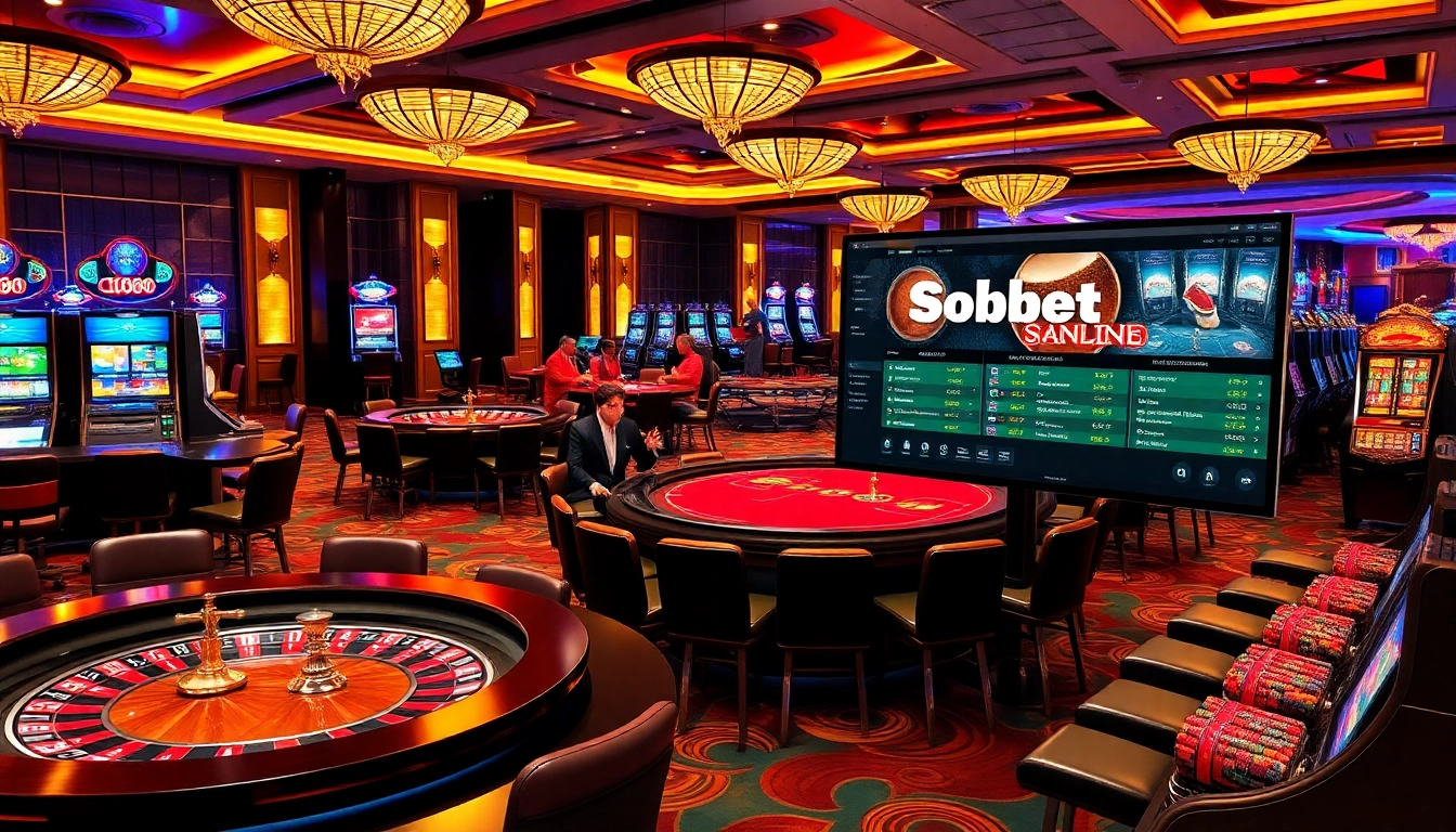 Sbobet link alternatif showcased in an exciting casino scene with players at vibrant tables and digital interfaces.
