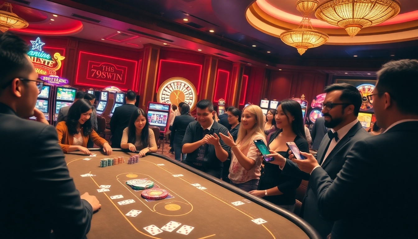 Players enjoying the thrilling game 789win at a vibrant casino atmosphere with poker and slot machines.
