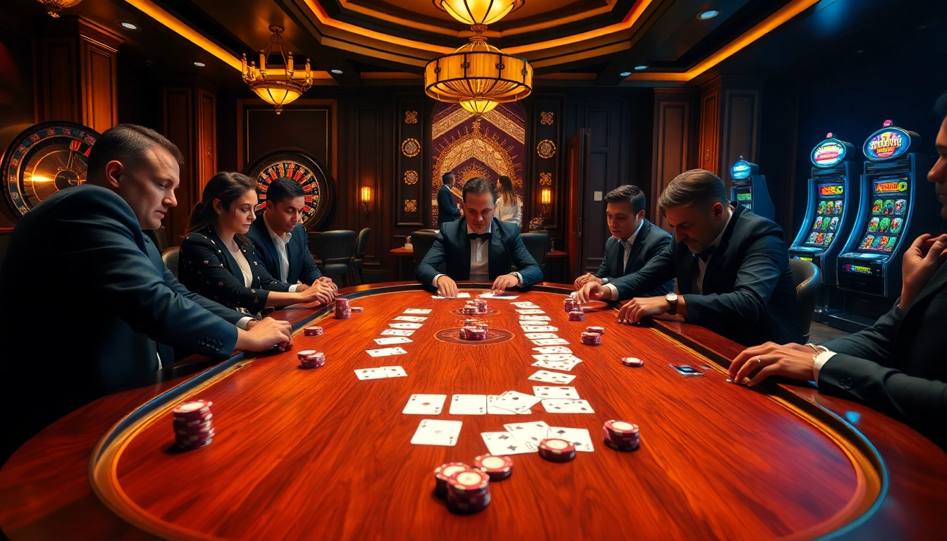 Players engaging in a thrilling poker game at TG88 casino, showcasing vibrant chips and elegant decor.