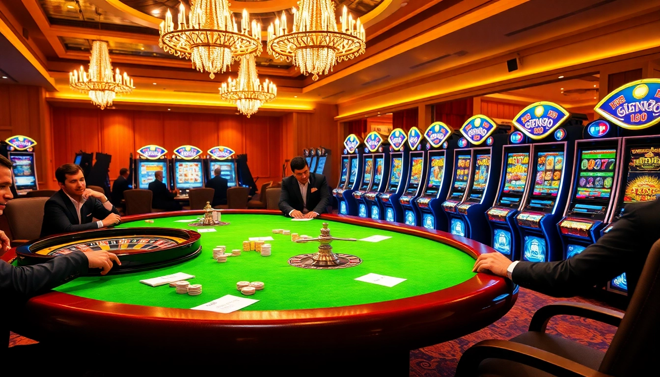 Enjoying an exciting game on idnslot with vibrant slot machines and poker tables at a luxurious casino.