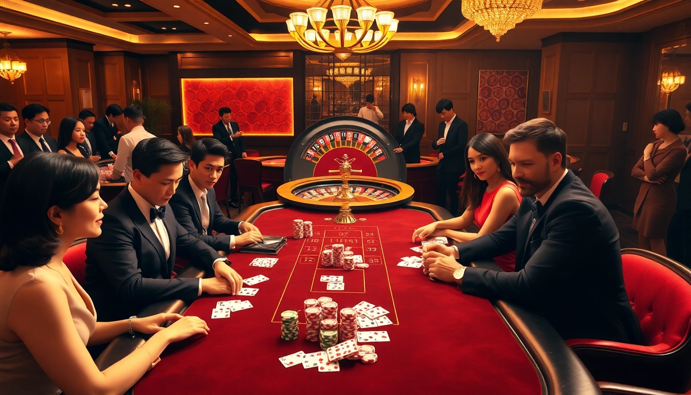 Casino players engaging in thrilling games at KKwin, highlighting poker tables and vibrant betting action.