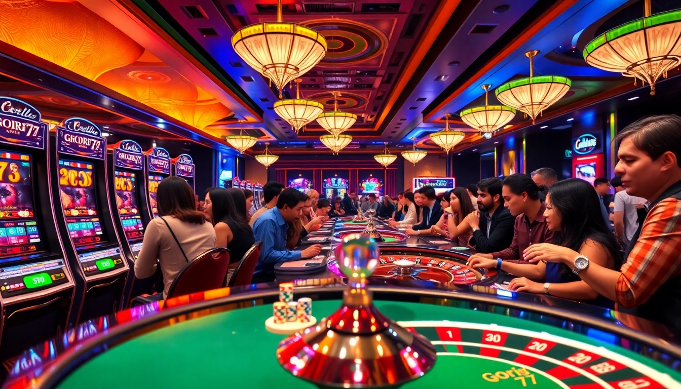 Engaging gamblers winning at gori77 branded slot machines in a luxurious casino.