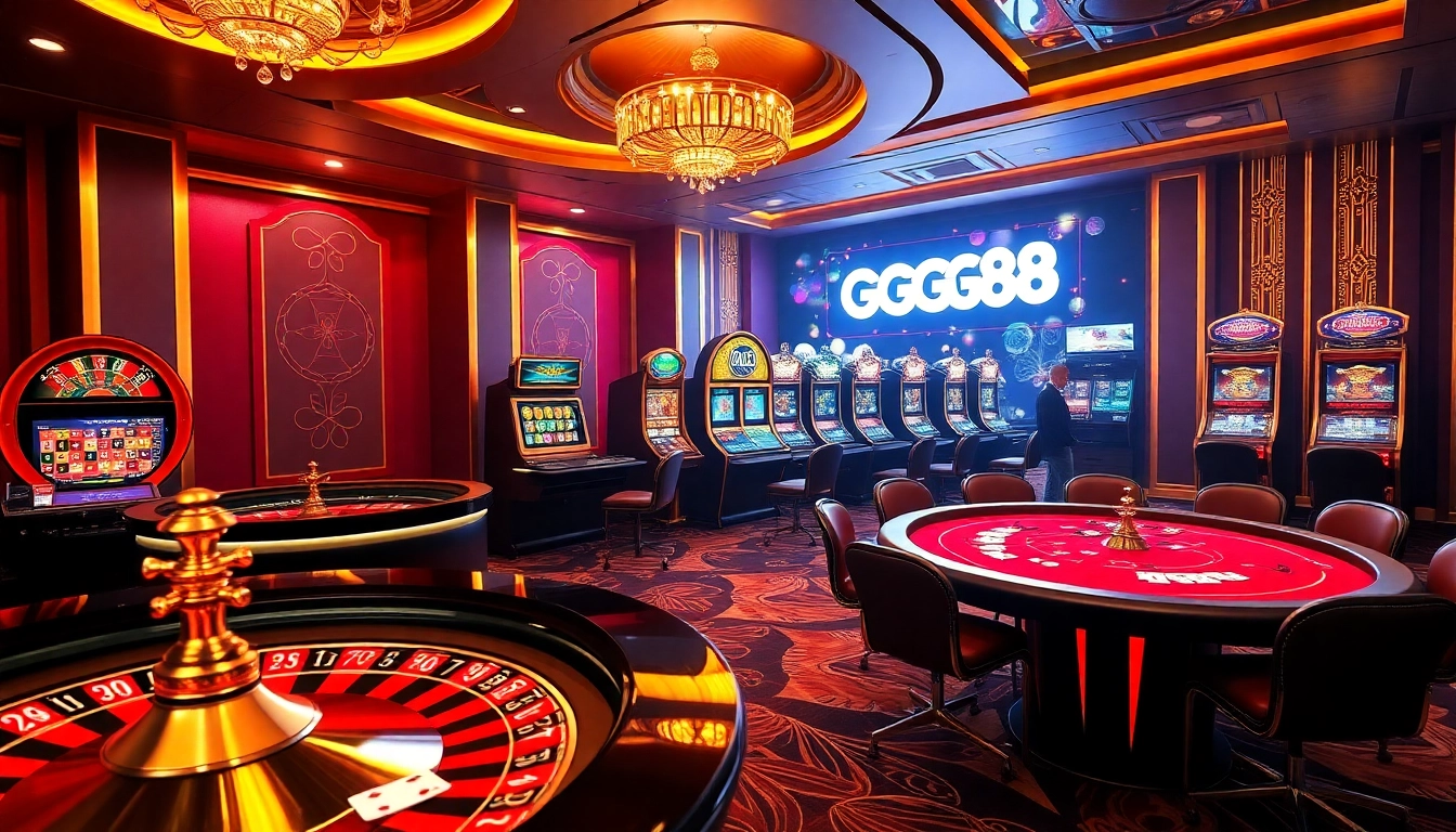 Experience the excitement of GG88 with vibrant casino elements including roulette, poker, and slots.