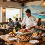 A vibrant dining scene at https://www.theshackok.com/ showcasing fresh seafood dishes and welcoming atmosphere.
