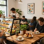 Customers enjoying the lively atmosphere at foya888 café, showcasing specialty drinks and treats.
