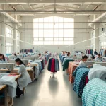 Apparel manufacturers in China showcasing a busy production floor with skilled workers and colorful fabrics.