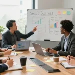 Team collaborating on how to sell a small business during a meeting, showcasing financial charts and notes in a modern office.
