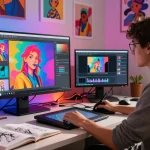 Creative scene of an artist using NSFW AI tools to generate digital imagery in a vibrant studio setting.